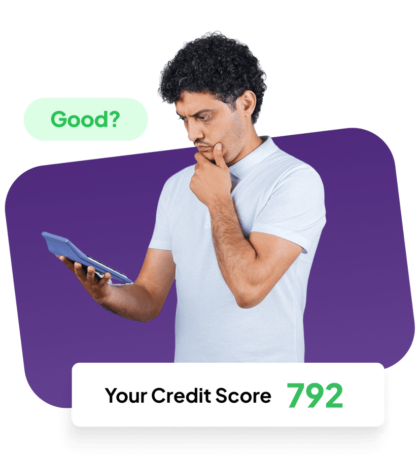 Man is checking his credit score of 792 on a digital device with a concerned expression.