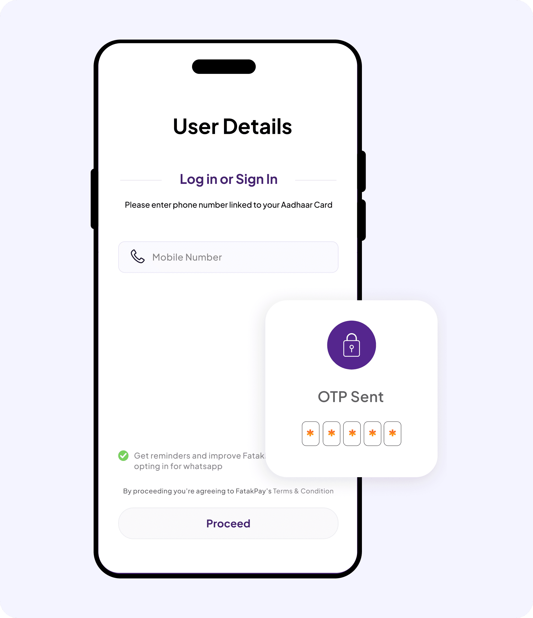FatakPay app login screen with mobile number input and OTP sent for loan access