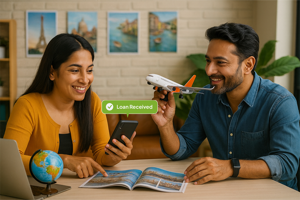 Couple planning a trip with globe and plane model, smiling after loan approval on FatakPay app.