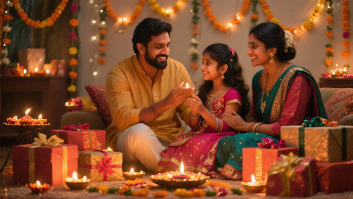 A joyful family celebrating Diwali, illuminated by festive lights symbolizing unity and happiness.