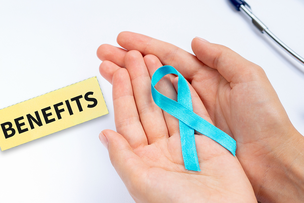 Hands holding a blue ribbon with 'BENEFITS' label, symbolizing cancer insurance and support.