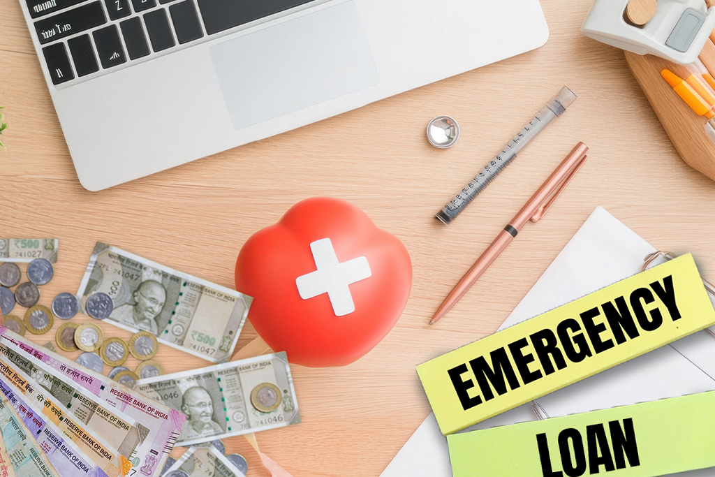 Money, medical items, and emergency sign symbolizing instant medical emergency loans with FatakPay.