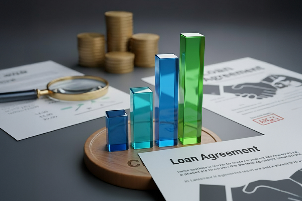 Visual representation of cibil score and loan agreement documents on a table