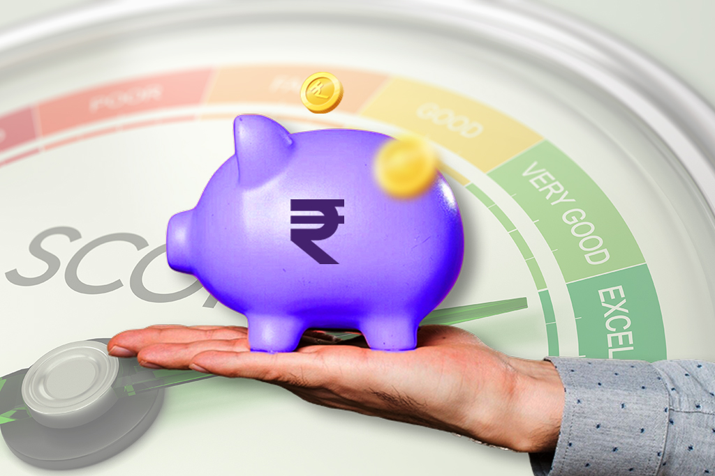 Hand holding a piggy bank over a credit score scale, symbolising small loans boosting credit score.